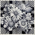 Vibrant Hyperrealistic Flower Drawing In Checkered Pattern
