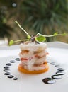 Haute high end cuisine gourmet appetizer shrimp, pear, pumpkin w