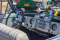 Havana, Cuba - Aug. 2017: Close up interior of a classic retro / vintage car blue Buick, steering wheel clock, dashboard, speed Royalty Free Stock Photo