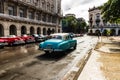 Blue classic American car on the streets of Havana, tourist attraction Royalty Free Stock Photo