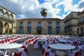 Havana Cuba city square prepared for festivities, empty chairs and tables; ready to receive people