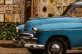 Close up photo of blue classic American car