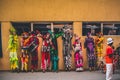Havana / Cuba - 04.16.2015: Colorful stilt walkers resting against a wall during the International Festival of Dance in Urban