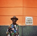 Havana, Cuba, February 12, 2018 : Adult black man waits at the entrance of Hambos Mundos Hotel