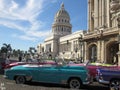 American convertible vintage cars parked on the main street in Havana Cuba. Royalty Free Stock Photo