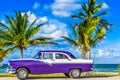 American blue classic car parked on the Malecon near the beach in Havana Cuba - Serie Cuba Reportage Royalty Free Stock Photo