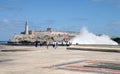 Waves breaking where Canal de Entrada meets Bay of Havana, in Havana, Cuba. Royalty Free Stock Photo