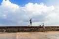 Cuban fishermen fishing at the morning on the Malecon in Havana Cuba - Serie Cuba Reportage Royalty Free Stock Photo