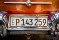 HAVANA, CUBA - OCTOBER 29, 2015 Cuban license plate on a Chevrolet car which are used as taxis on the streets of Old Havana, Havan Royalty Free Stock Photo