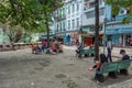 HAVANA, CUBA - OCTOBER 22, 2017: Havana Cityscape with Old Town Street and Local People. Park with Wifi Zone.