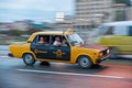 HAVANA, CUBA - OCTOBER 20, 2017: Havana Old Town and Malecon Area with Old Taxi Lada Vehicle. Cuba. Panning. Royalty Free Stock Photo