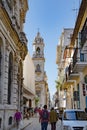 Havana, Street life and view with colonial buildings and Church La Iglesia de San Agustin o San Francisco el Nuevo Havana, Cuba Royalty Free Stock Photo