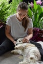 Teenage girl plays with her havanese dog