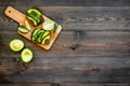 Have a bite with healthy snacks. Avocado toast on dark wooden background top view copy space Royalty Free Stock Photo