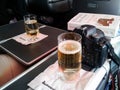 Have camera will travel - settled into business class on Quantas with wine a camera and a good book Los Angeles CA USA 11 24 2013