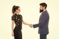 We have a deal. partnership in business. man and woman shaking hands. bearded man and sexy woman. Business couple