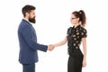 We have a deal. partnership in business. man and woman shaking hands. bearded man and woman. Business couple