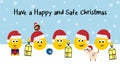 Have a happy and safe Christmas, happy emojis in Christmas hats with dog and birds, Christmas holidays banner