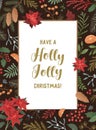 Have a holly jolly christmas greeting card template. Botanical backdrop with text space. Poinsettia, mistletoe, ilex Royalty Free Stock Photo