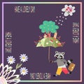 Have a lovely day! Beautiful card with cute raccoon, umbrella and magic town