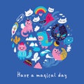Set with different hand drawn kawaii cats, mermaid, unicorn, dinosaur and super hero in the circle. Vector illustration