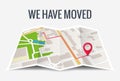 We have moved new office icon location. Address move change location announcement business home map Royalty Free Stock Photo
