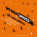 We have moved orange minimalistic flyer template with isometric icons Royalty Free Stock Photo