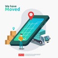 we have moved vector illustration concept. new location announcement business store, home or change office address for landing Royalty Free Stock Photo