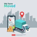 we have moved vector illustration concept. new location announcement business store, home or change office address for landing Royalty Free Stock Photo