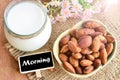 Have a nice day with almond and almond milk. Royalty Free Stock Photo