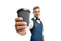 Have nice day. Take your coffee. Barista in apron served coffee. Coffee shop concept. Mature barista hold drink. Try Royalty Free Stock Photo