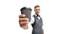 Have nice day. Take your coffee. Barista in apron served coffee. Coffee shop concept. Mature barista hold drink. Try Royalty Free Stock Photo