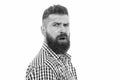 Have some doubts. Hipster bearded face not sure in something. Doubtful bearded man on white background close up Royalty Free Stock Photo