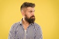 Have some doubts. Hipster bearded face not sure in something. Thoughtful bearded man on yellow background close up Royalty Free Stock Photo