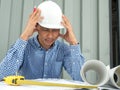 Have stress, Asia Engineer serious thinking, young man and looking away while sitting