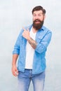 Have you seen this. Shopping promotion. Items for men. Good looking guy. Cheerful hipster. Promoting goods. Handsome man Royalty Free Stock Photo