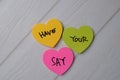 Have Your Say text on sticky notes with office desk Royalty Free Stock Photo