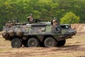 HAVELTE, NETHERLANDS - MAY 29, 2010: Dutch army soldiers inside a XA-188 Sisu Patria 6x6 wheeled armored vehicle during the Dutch Royalty Free Stock Photo