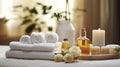 A Haven of Relaxation. Spa Setting with Towels, Herbal Bags, and Beauty Rituals. Generative AI