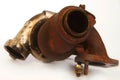 Rusty used dirty unmounted turbocharger on background checking for overhaul