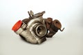 Rusty used dirty unmounted turbocharger on background checking for overhaul