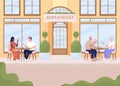 Having cozy dinner on restaurant terrace flat color vector illustration