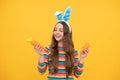 having cute smile. easter spring holiday. happy teen girl wear bunny ears. happy easter.