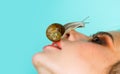 Having fun with adorable snail. Cosmetics and snail mucus. Girl fashionable makeup face and cute snail. Cosmetology Royalty Free Stock Photo