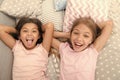 Having fun with best friend. Children playful cheerful mood having fun together. Pajama party and friendship. Sisters Royalty Free Stock Photo