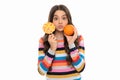 having fun. kid choose food. funny teen girl with orange lollipop. vitamin and dieting. Royalty Free Stock Photo