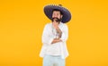 Having fun on mexican party. mature bearded hipster in sombrero. summer holiday and vacation. happy mexican man wearing Royalty Free Stock Photo