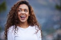 Having fun outdoors. an attractive young woman out for an early morning hike in the mountains. Royalty Free Stock Photo