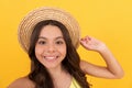 having fun. selfie time. child wear straw hat. smiling teen girl with curly hair on yellow background. Royalty Free Stock Photo