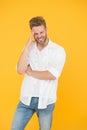 Having headache. young handsome man in jeans shirt. guy wearing jeans and white t-shirt. man in white shirt. tired and Royalty Free Stock Photo